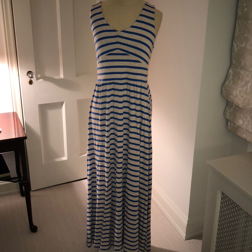 Gray and blue striped maxi dress